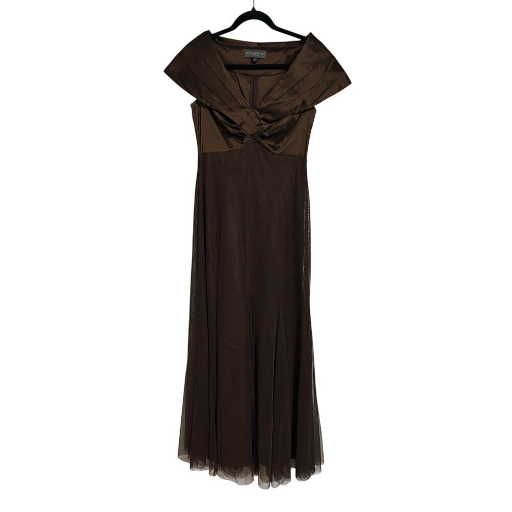 KM Collections Milla Bell Brown Satin Portrait Collar Mesh Maxi Formal Dress 6